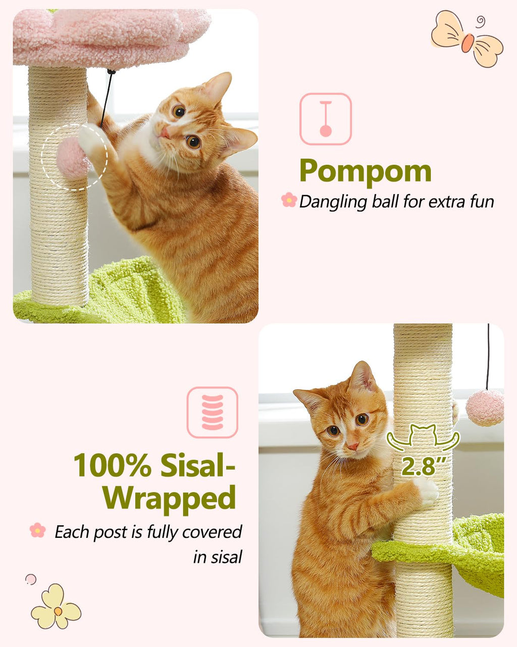 MUTTROS Flower Cat Tree, 28" Cat Tower with Cozy Flower Perch, Large Hammock for Indoor Small Cats, Cute Cat Tree with Sisal Scratching Post and Fur Toy Ball for Kittens, Pink