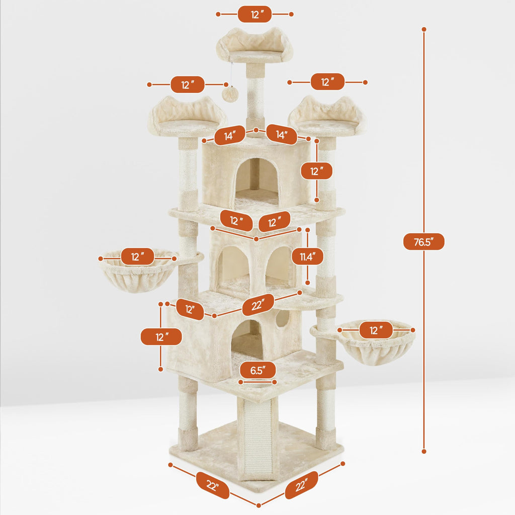 Yaheetech 76.5in Multi-Level Large Cat Tree, Big Cat Tower with 3 Condos, Cozy Plush Perches, 9 Sisal Scratching Posts and Ladder, Activity Center for Large Kitties, Beige