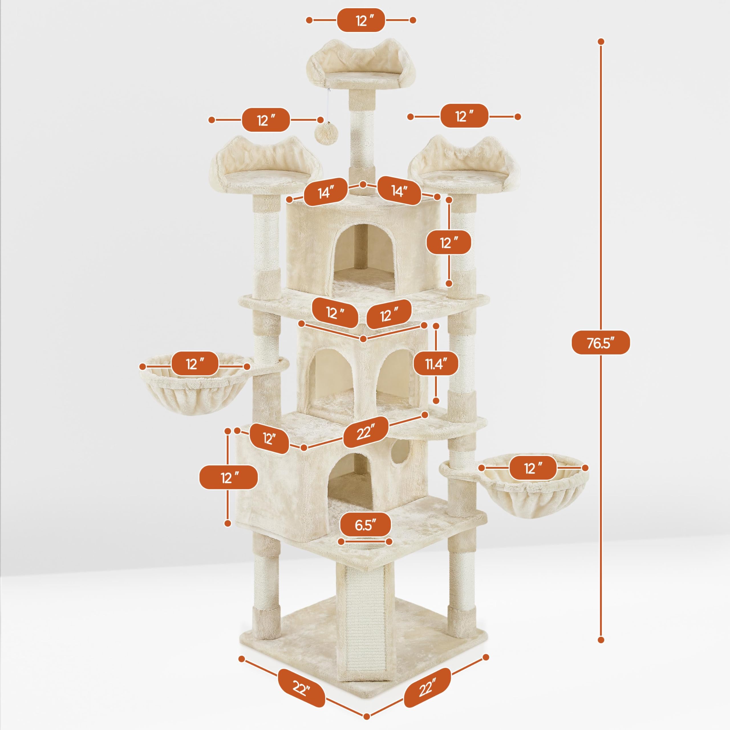 Yaheetech 76.5in Multi-Level Large Cat Tree, Big Cat Tower with 3 Condos, Cozy Plush Perches, 9 Sisal Scratching Posts and Ladder, Activity Center for Large Kitties, Beige