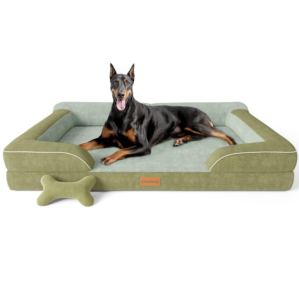 CWAWZ Extra Large Dog Bed, Orthopedic Dog Beds with Cooling Gel Memory Foam, Waterproof XL Pet Bed with Removable Washable Cover, 42" Pet Sofa Couch Dutch Velvet with Bone Toy, Brown
