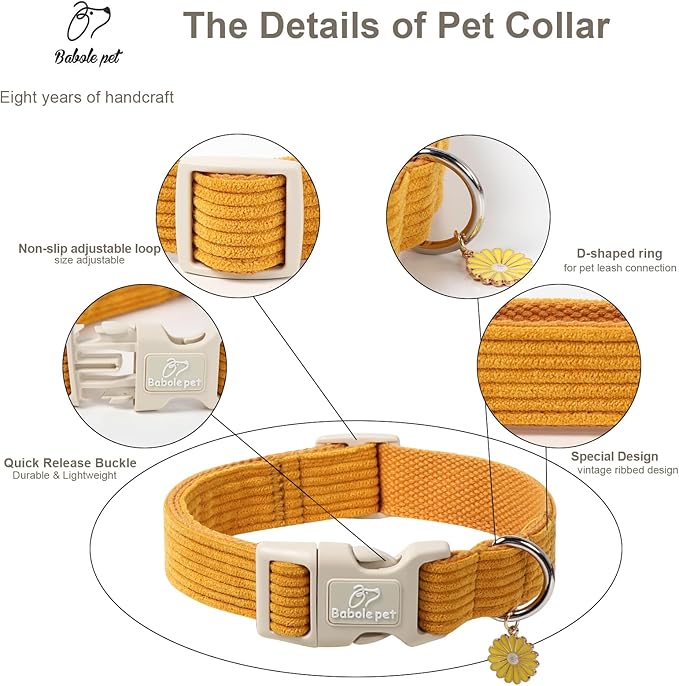Babole Pet Cute Corduroy Dog Collar - Mustard Yellow Adjustable Dog Collars for Large Dogs 50-80lbs, Fade-Proof with Secure Snap & Little Charm, Christmas Birthday Gift, L