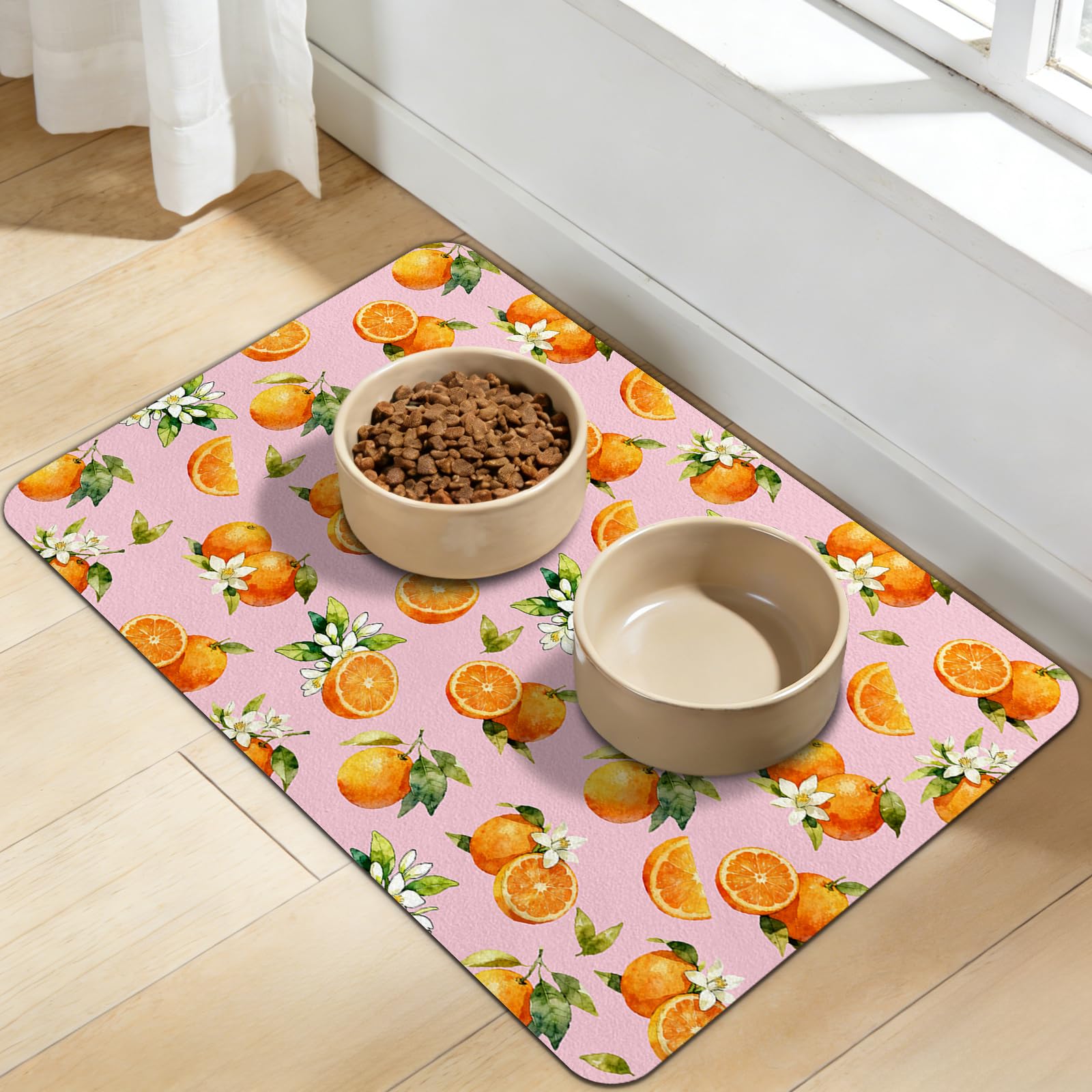 Dog Food Mat for Bowls, Absorbent Quick Dry Dog Cat Mats for Food and Water, Non-Slip Backing Pet Mat Pet Supplies - Orange Pattern