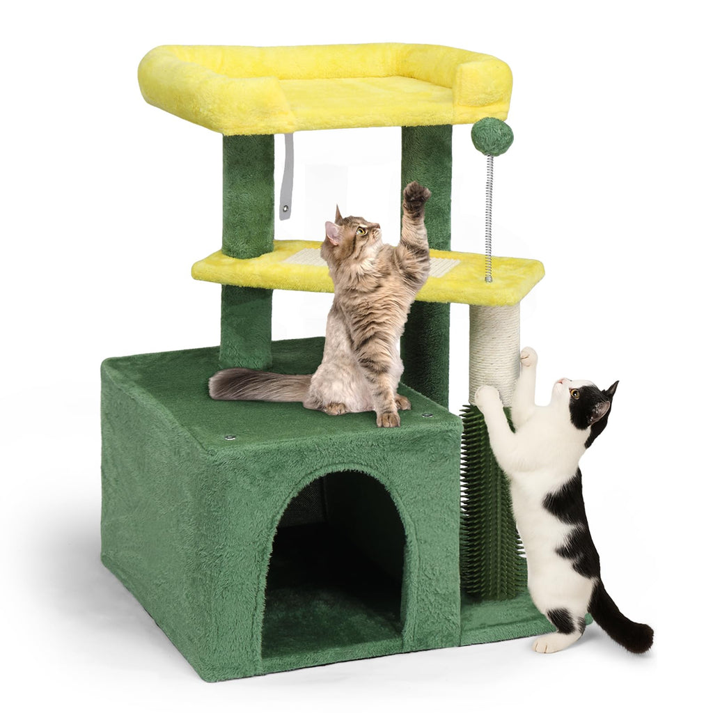 VINGLI Cat Tree, 27 inch Small Cat Tower with Scratching Post and Pad, Cat Condo for Indoor Kittens Padded Top Bed, Cats Indoor Activity Center (Yellow & Green)