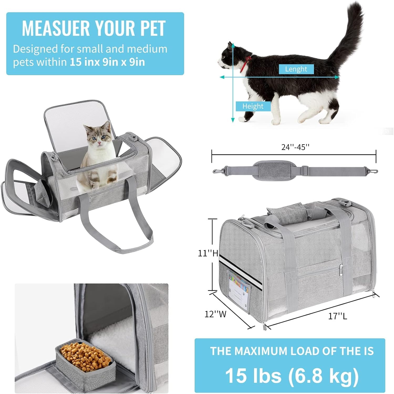 Simpelg Airline Approved Cat Carrier Soft-Sided Pet Carrier for Cats and Small Dogs 17“ Under Seat Travel Carrier TSA Approved with Foldable Bowl Breathable Mesh Collapsible & Machine Washable, Grey