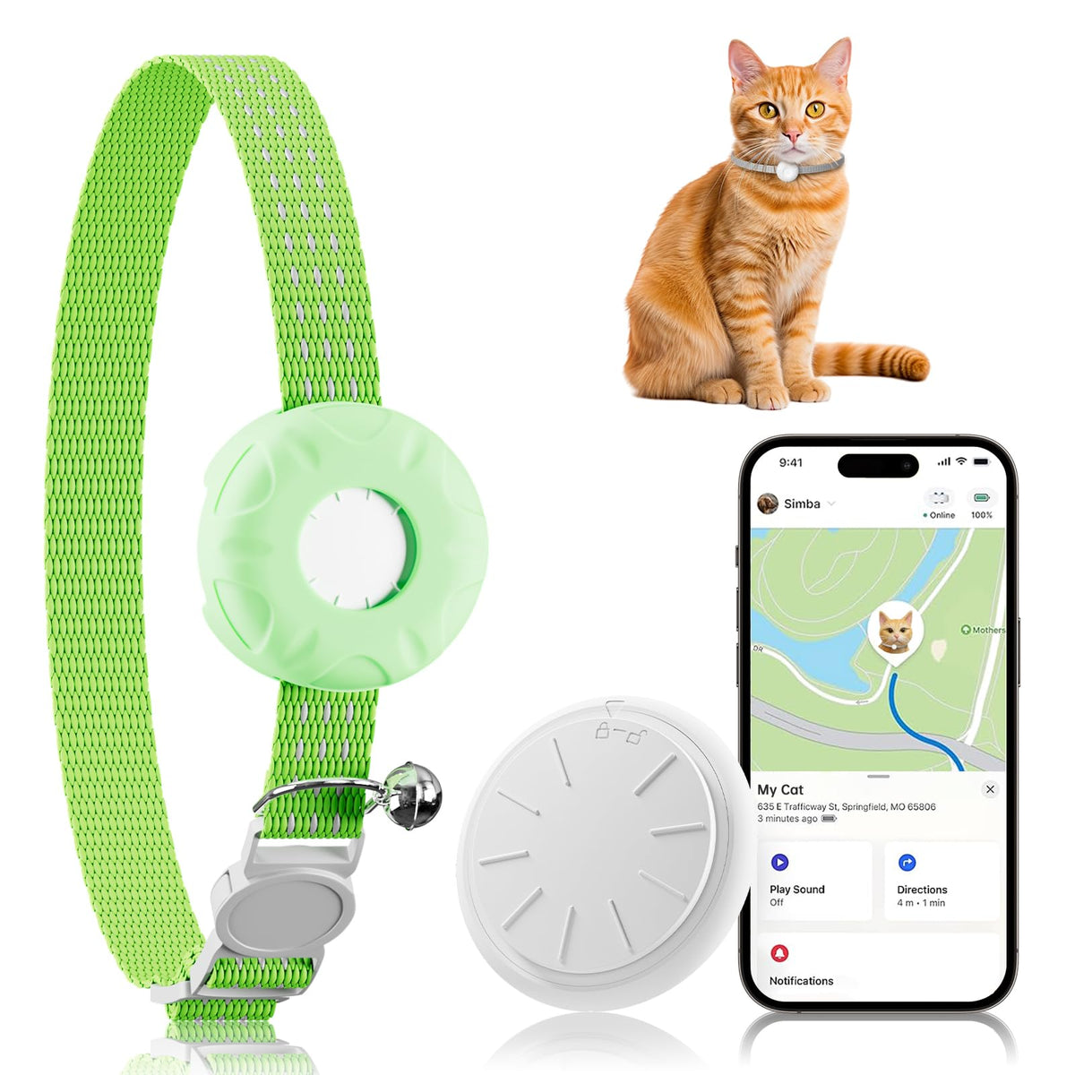 Cat Tracker, GPS Tracker Compatible with Apple Find My App(Only iOS), Waterproof Cat Tracker Collar with Bell and Safety Elastic Buckle, No Monthly Fee Pet Trackers, Works with Any Collar,Green
