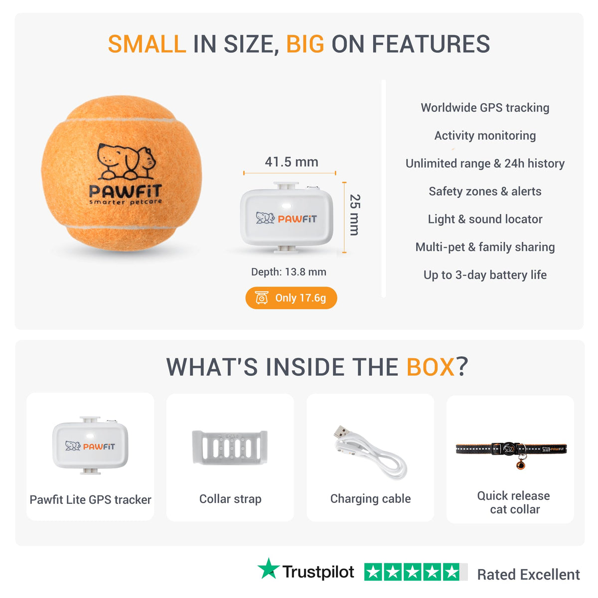 Pawfit Lite 4G GPS Cat Tracker, Live Tracking, Ultra-Light, Simply White
