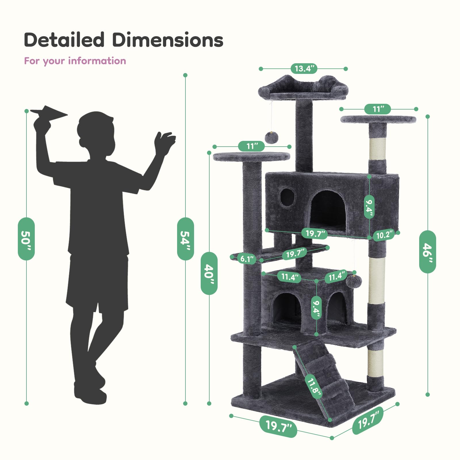 DUMOS 54 Inch Cat Tree Tower with Scratching Posts, Indoor Use