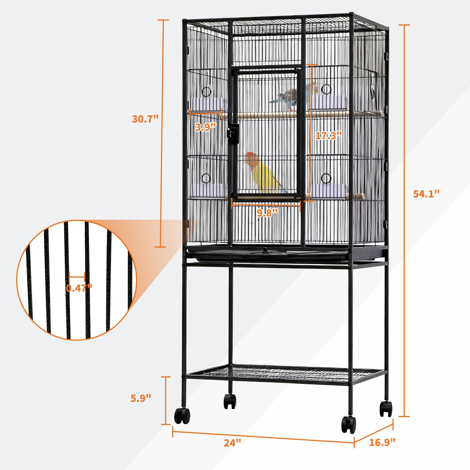 Garvee Large Bird Cage, 54" H Big Bird Cage with Stand for Parakeets Parrots Conures Lovebird Cockatiel Black