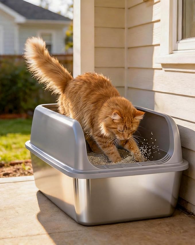 Stainless Steel Cat Litter Box, Metal Litter Box with Scoop, High- Sided, Anti-Leakage Top Entry, Non-Sticky, Easy to Clean, Grey, M (1 Pack)