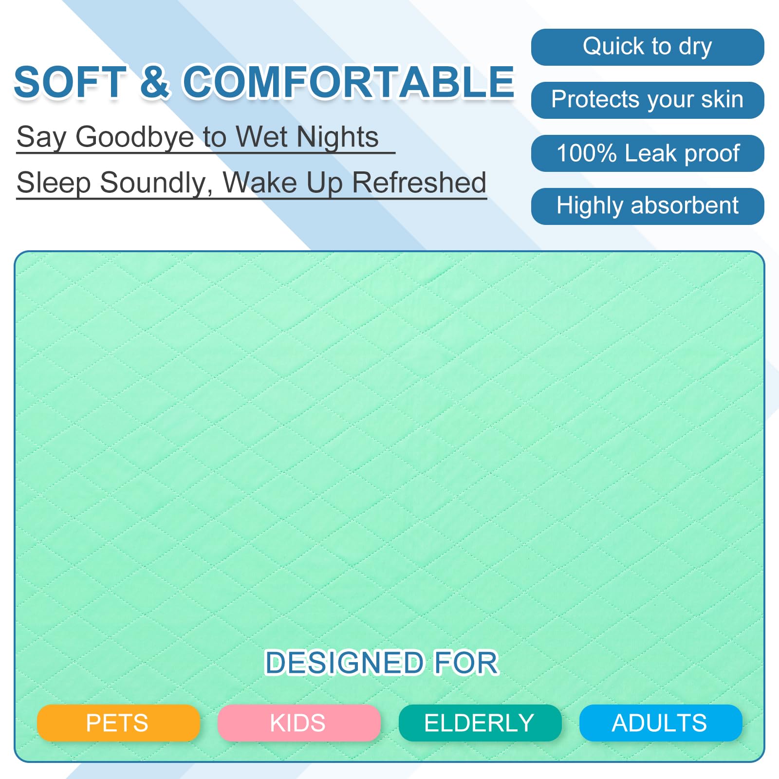 OUTCREATOR® Washable Bed Pads 34" x 56" (Pack of 2), Incontinence Mattress Protector, Anti-Slip Waterproof Underpads for Adults Kids Elderly Pets, Absorbency & Reusable Bedwetting Pads (Solid Green)