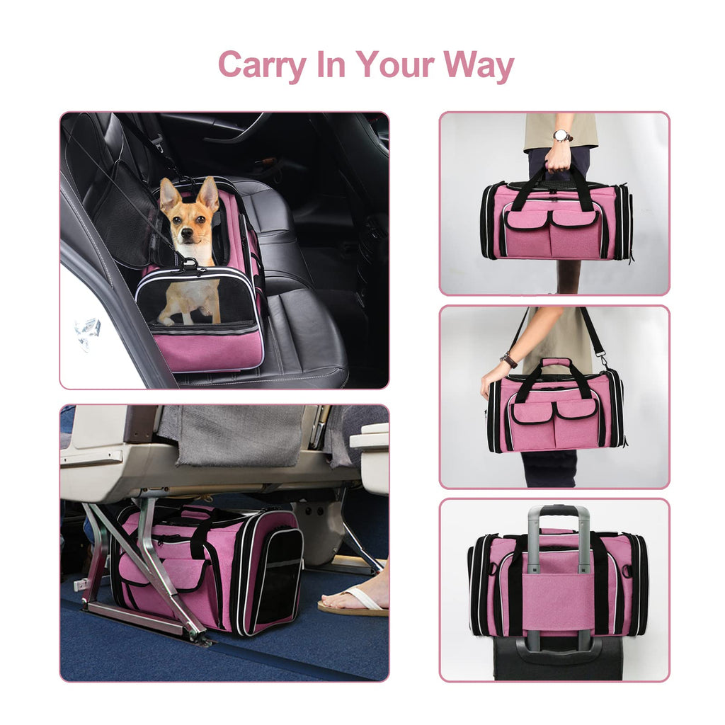 Estarer Soft Sided Pet Carrier Airline Approved, 4 Sides Expandable Collapsible Cat Carrier with Pockets & Removable Fleece Pad, Travel Carrier Bag for Cat Dog & Small Animals (Pink)