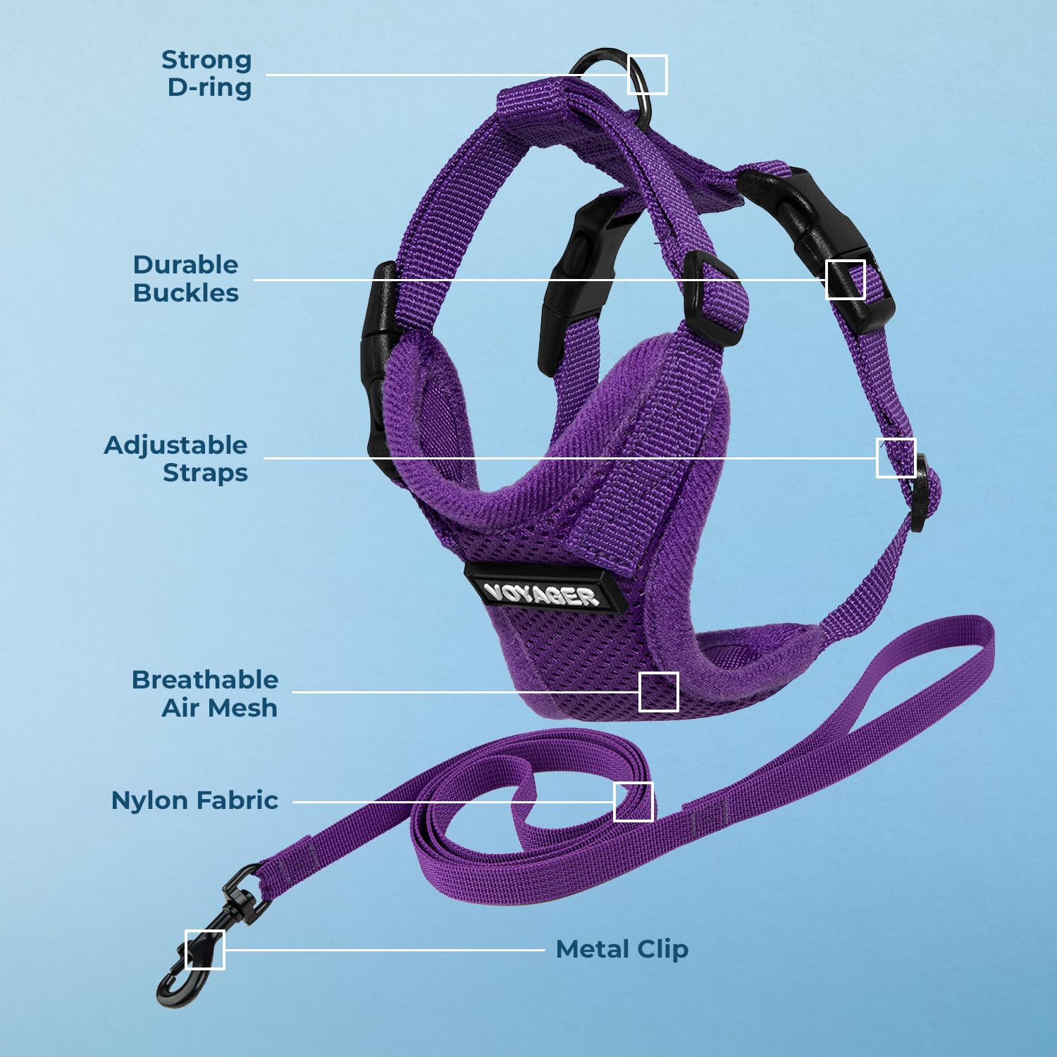 Voyager Escape-Proof Step-in Lock Cat Harness & 5ft Neoprene-Handle Leash Set All-Weather Mesh with Reflective Stitching for Small to Large Cats by Best Pet Supplies, Purple, XXS