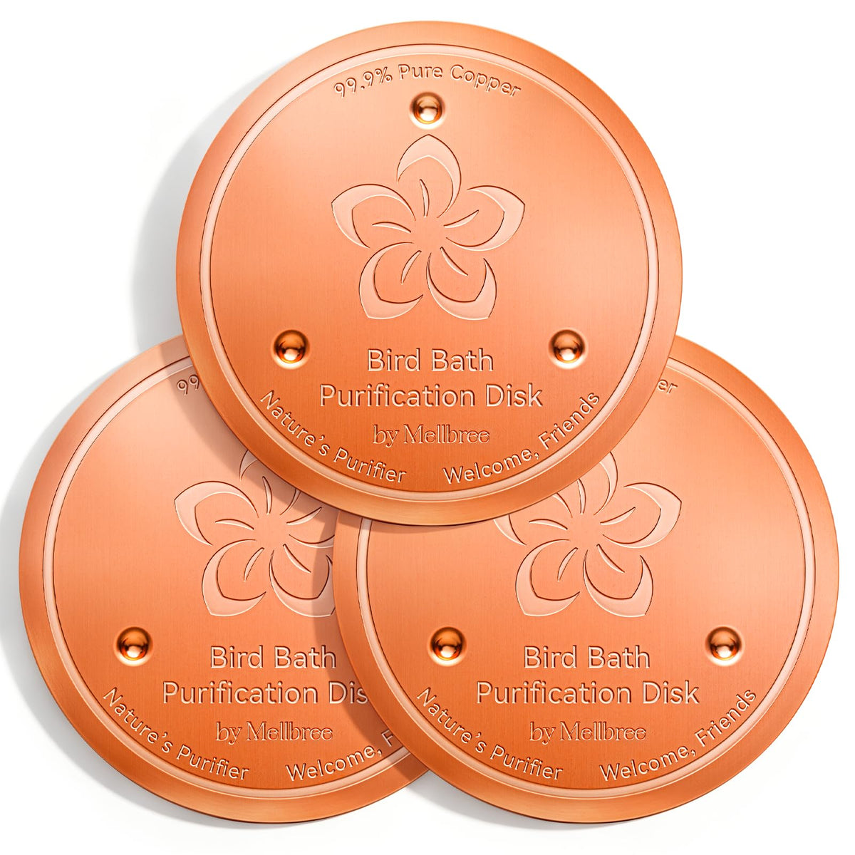 Mellbree 4-Pack Bird Bath Copper Disc, 0.6mm Reinforced 99.99% Pure Copper Cleaning Disk with Triple-Point Support for Physical Safe Clean Water All-Season (Sunflower)