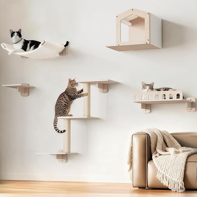 KinoTail 5-in-1 Cat Wall Shelves for Large Cat, Large Hammock, Wide Perch
