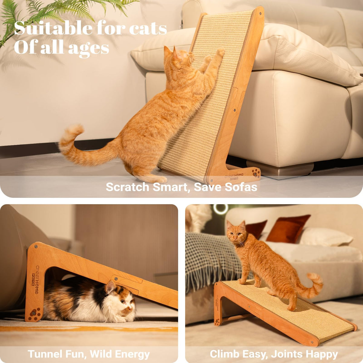 CHEERHOME PETS Sisal Cat Scratcher Ramp for Indoor L-Shape Solid Wooden