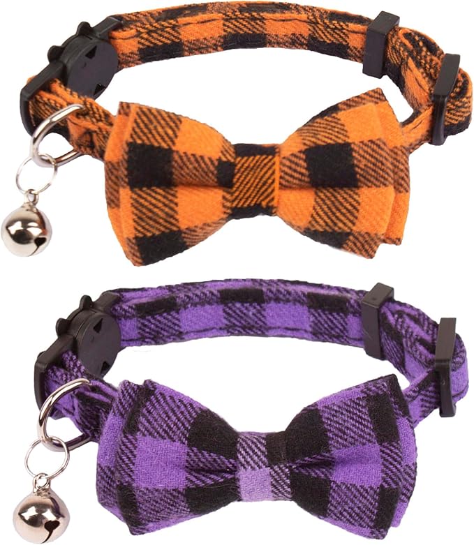 ADOGGYGO Halloween Cat Collar Breakaway, Plaid Cat Bow Tie Collar