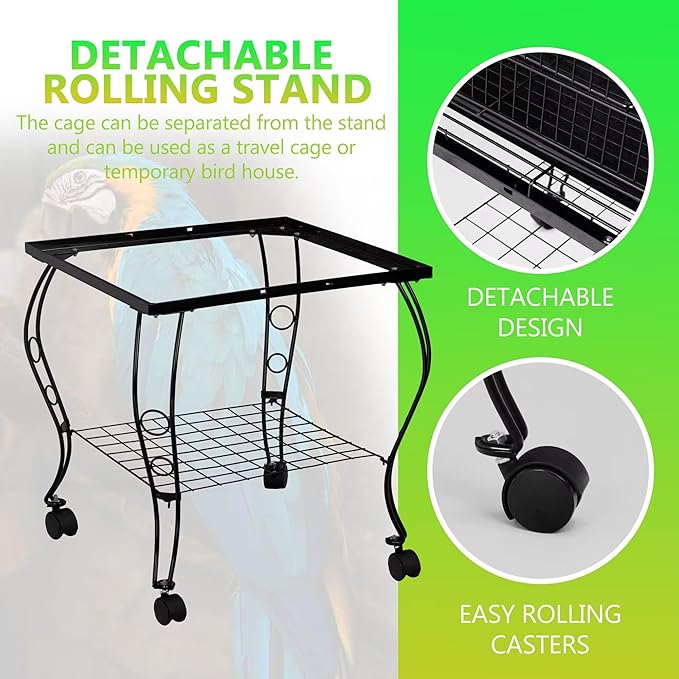 SUPER DEAL 64'' Rolling Bird Cage Large Wrought Iron Cage for Cockatiel Sun Conure Parakeet Finch Budgie Lovebird Canary Medium Pet House with Rolling Stand & Storage Shelf