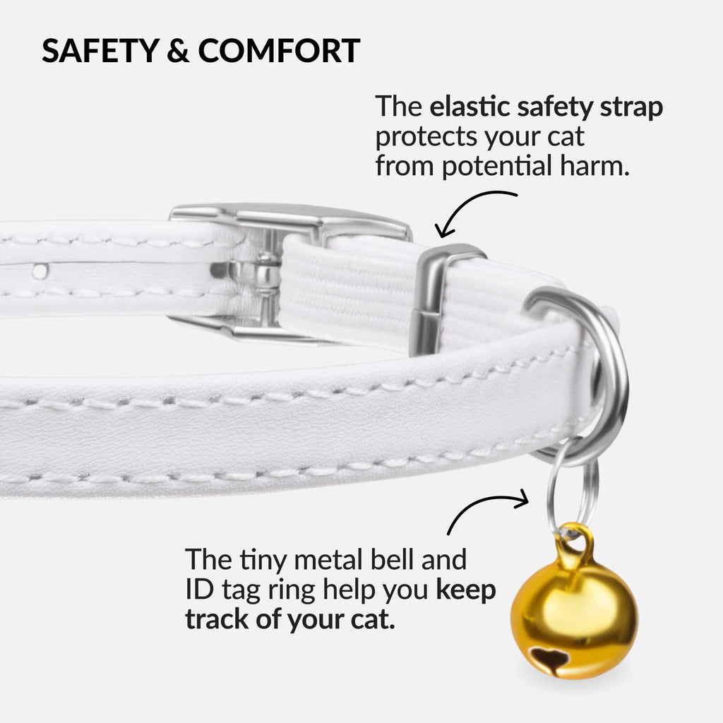 Soft Leather Cat Collar with Safety Elastic Strap - White