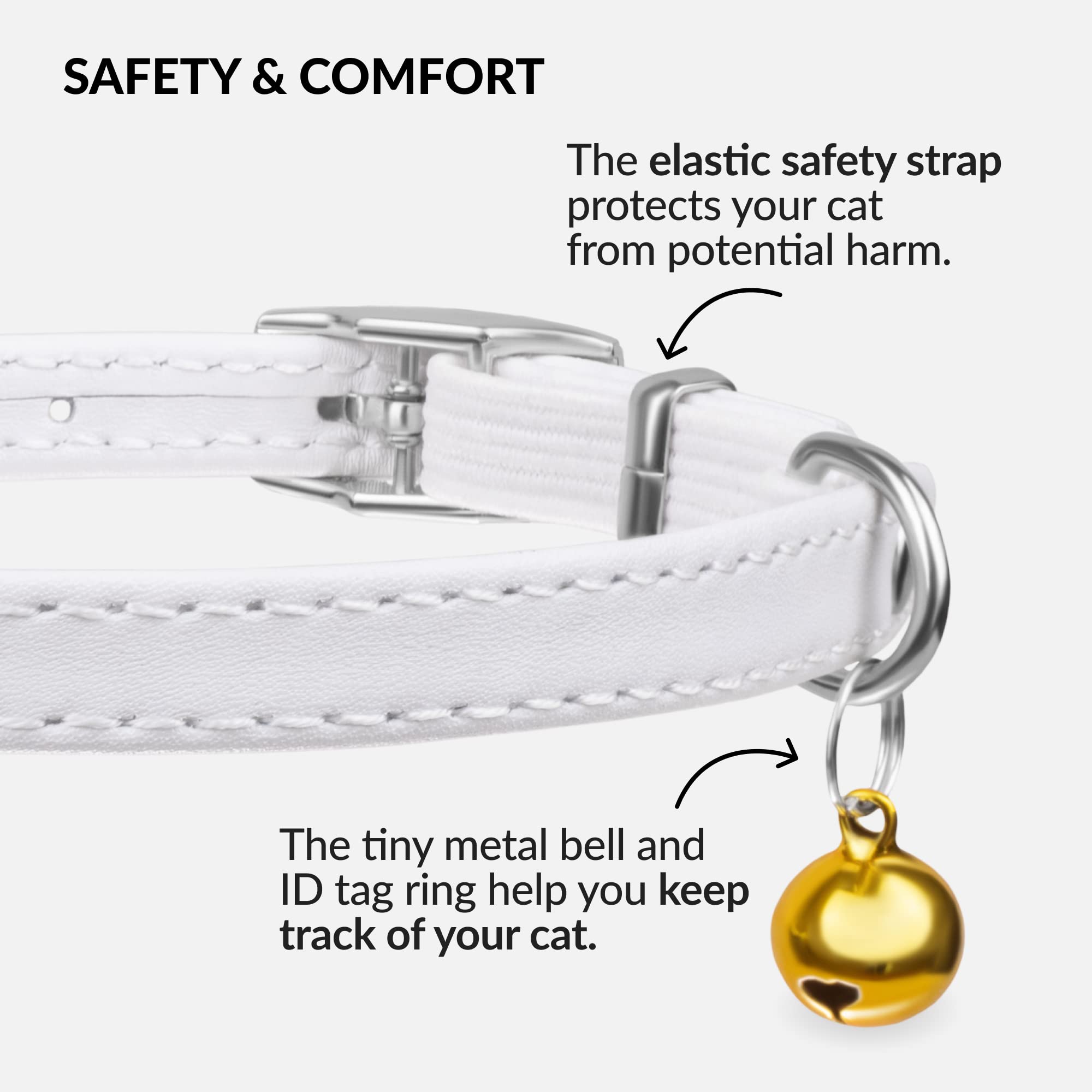 Soft Leather Cat Collar with Safety Elastic Strap - White