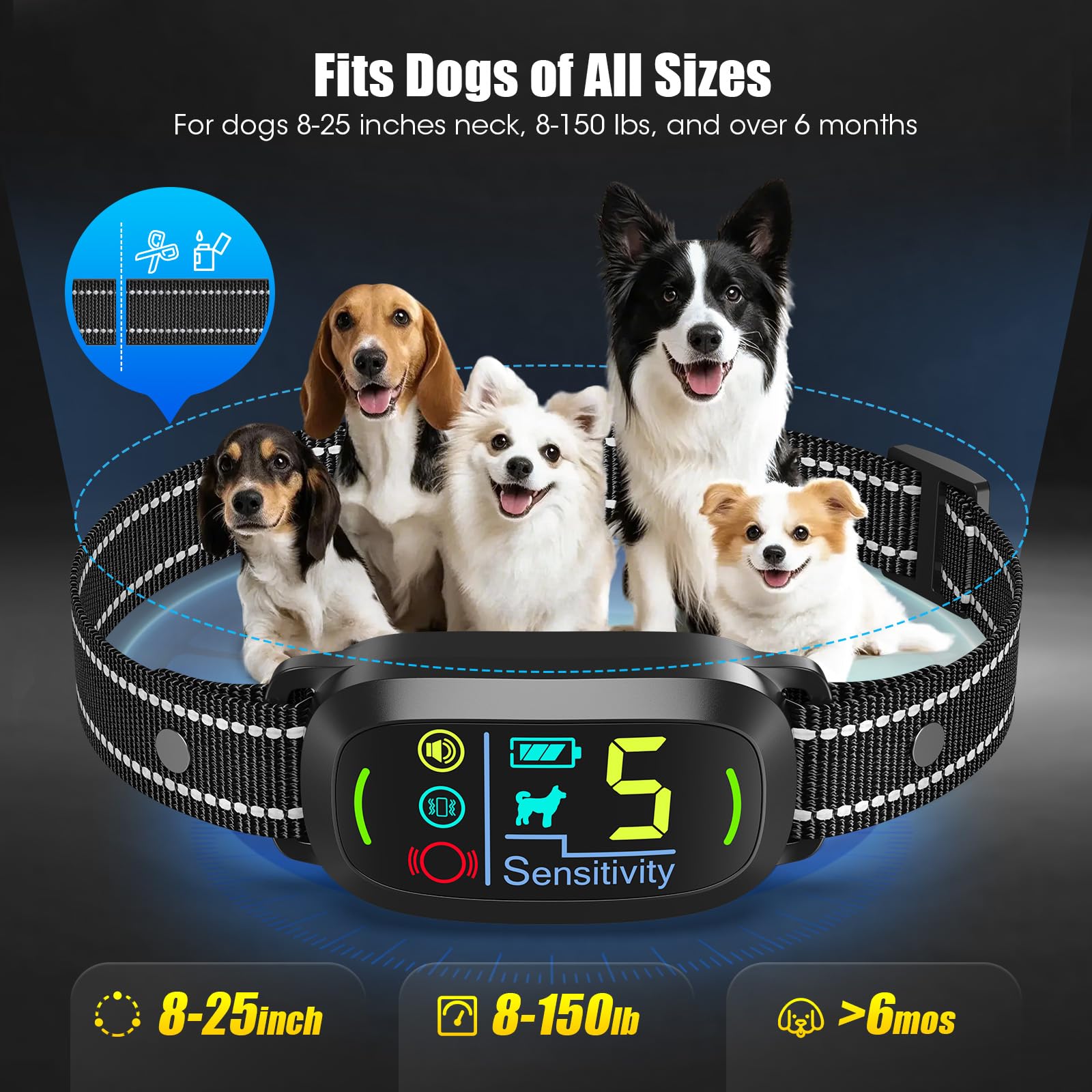 Oliry Smart AI Bark Collar for Large Medium Small Dogs, Anti Barking Device with 5 Training Modes, Exclusive Forced Bark-Stopping, Rechargeable IP67 Waterproof Bark Collar with 5 Sensitivity (Black)