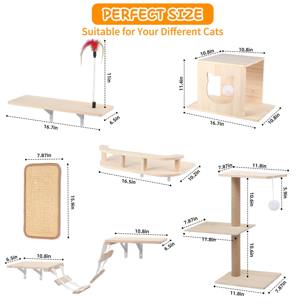 Coolsheepsia Cat Wall Shelves, Solid Wooden Wall-Mounted Cat Furniture