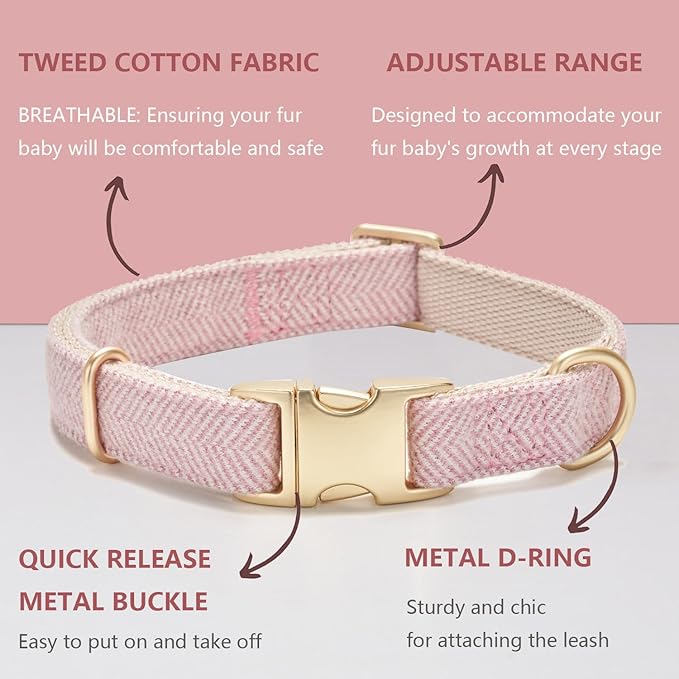 YUDOTE Soft Cotton Hemp Dog Collar with Metal Buckle Adjustable Twilled Dog Collars for Female Small Medium Large Dogs(Pink,Medium)
