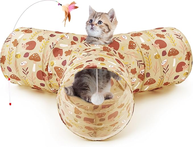 Tempcore Cat Tunnel for Indoor Cats, 3 Way Collapsible Pet Play Tunnel with Teaser Wand, Peek Holes & Hanging Ball, Interactive Tube for Kittens & Rabbits