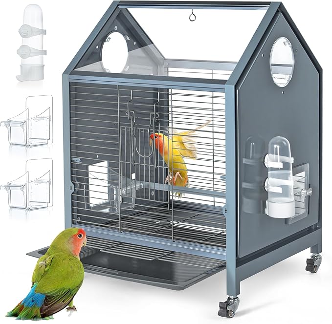 SUKEOPET Acrylic Bird Cage, 25 inch Medium Parrot Cage for Parakeet Cockatiel Conure Lovebird, Panoramic View Bird Cage with Water Bottle Bird Feeder Perch Rolling Stand