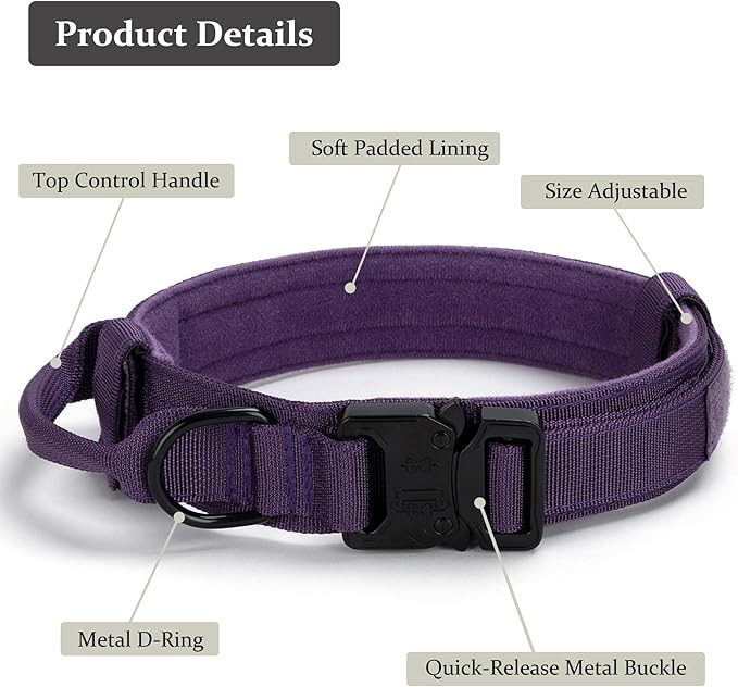 Tactical Dog Collar, Adjustable Military Training Nylon Dog Collar with Control Handle and Heavy Quick-Release Metal Buckle for Small Medium Large Dogs, Purple L