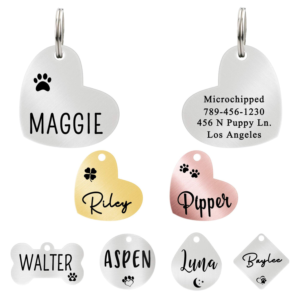 Ultra Joys Custom Personalized Pet ID Tag - Brushed Stainless Steel Heart in Rose Gold, Large