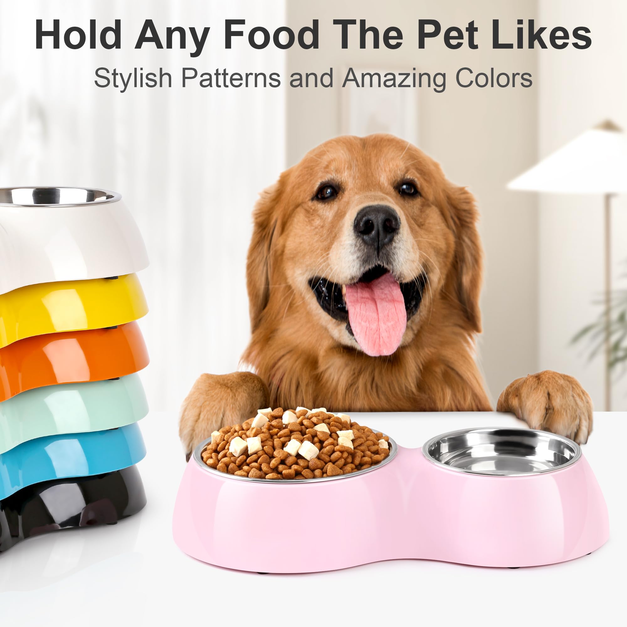 PetVillage Elevated Dog Bowls Set - Non-Slip Raised Pet Feeder with Medium (10 oz) & Large (20 oz) Stainless Steel Bowls - Includes Durable Resin Stand for Corgi Puppies and Adult Cats - Pink
