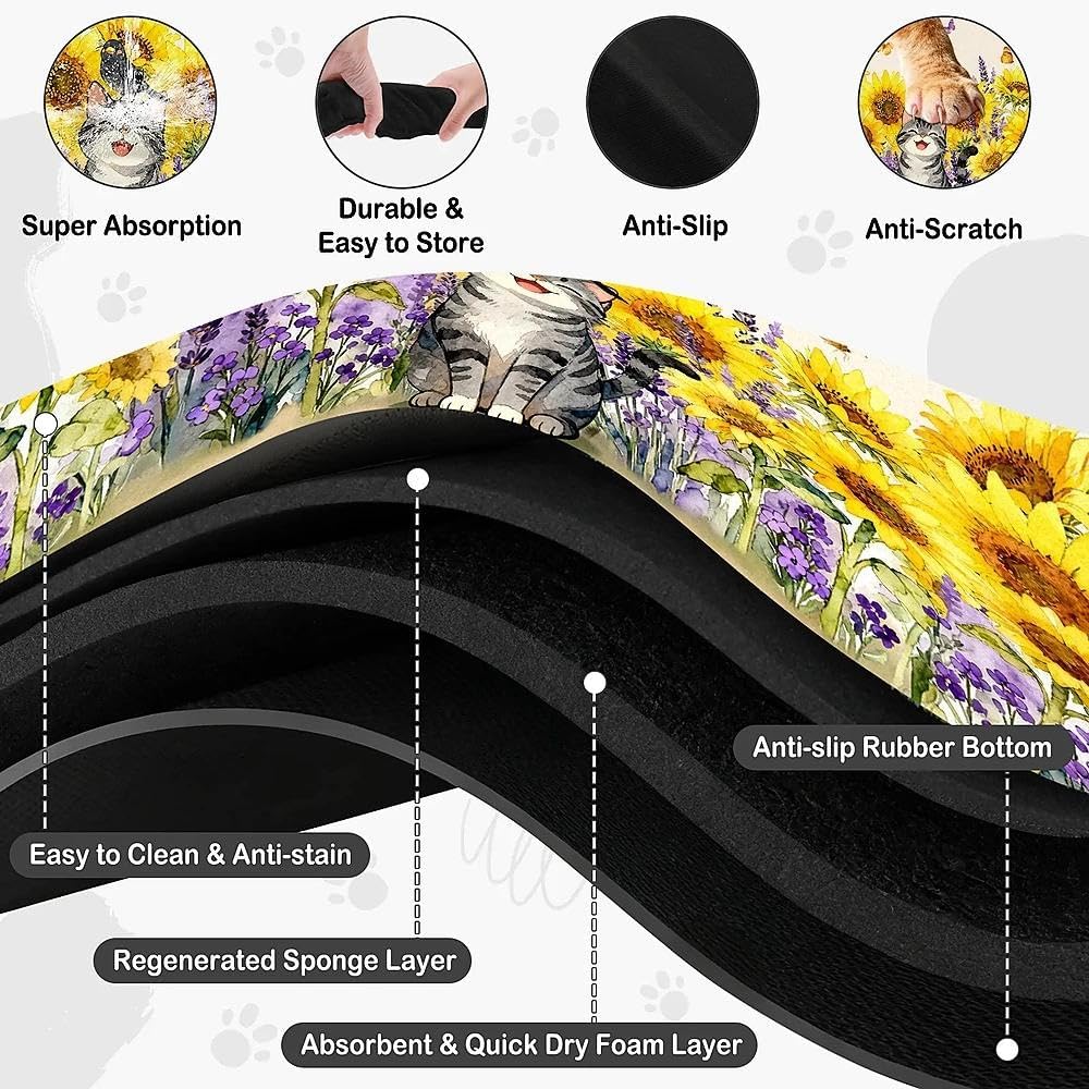 Dog Food Mat for Pet Cat Food Mat, Sunflower Absorbent Quick Dry Dog Bowl Mats for Food and Water, Non-Slip Cat Pet Feeding Mats for Floor Placemats 12"x20"
