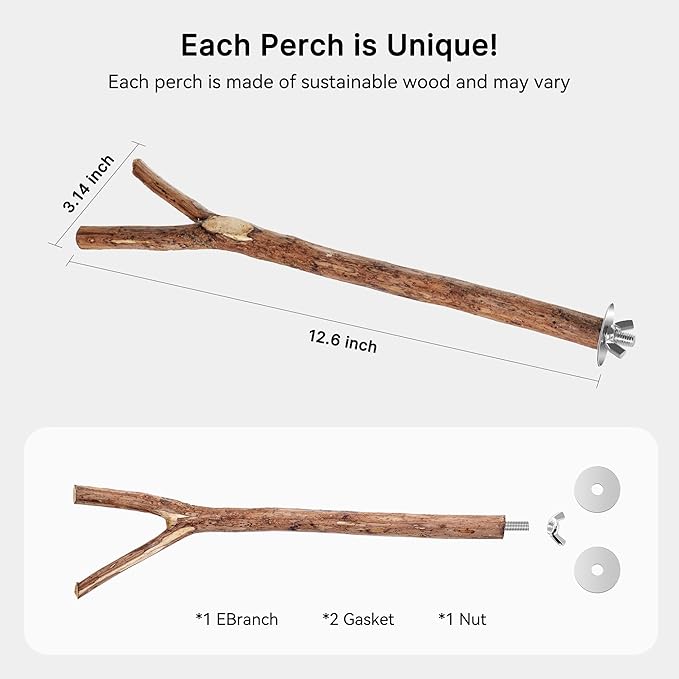 Niteangel Natural Wooden Perches for Bird Cages - Ideal for Cockatiels, Parakeets, Finches & Other Caged Birds (No-Bark, 2 Pack)