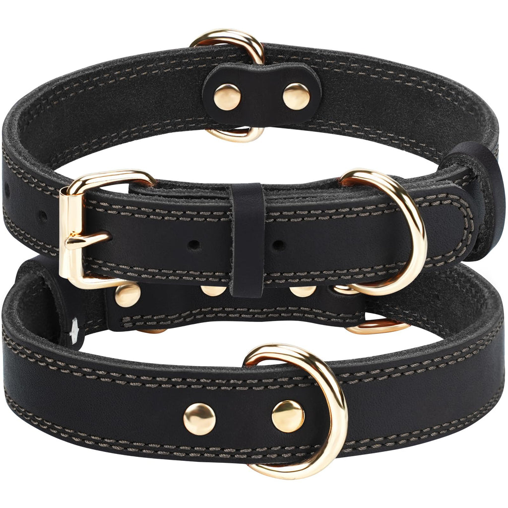 Joytale Leather Dog Collar for Medium Dogs, Genuine Thick Solid Leather, Heavy Duty Sturdy Pet Collar, Adjustable Metal Pin Buckle for Reliable Daily Training and Walking, Black, M