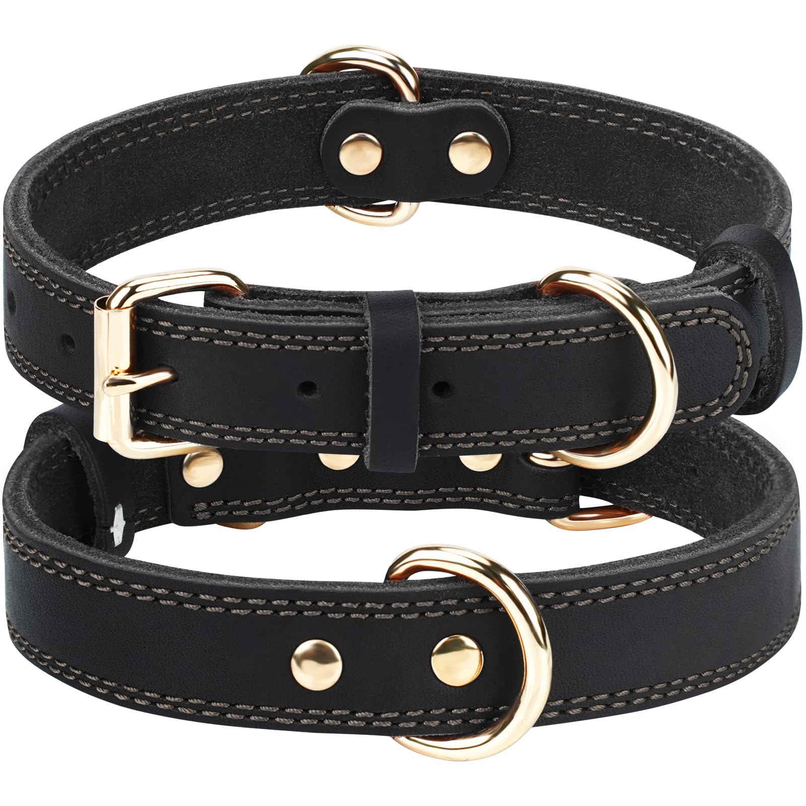 Joytale Leather Dog Collar for Medium Dogs, Genuine Thick Solid Leather, Heavy Duty Sturdy Pet Collar, Adjustable Metal Pin Buckle for Reliable Daily Training and Walking, Black, M