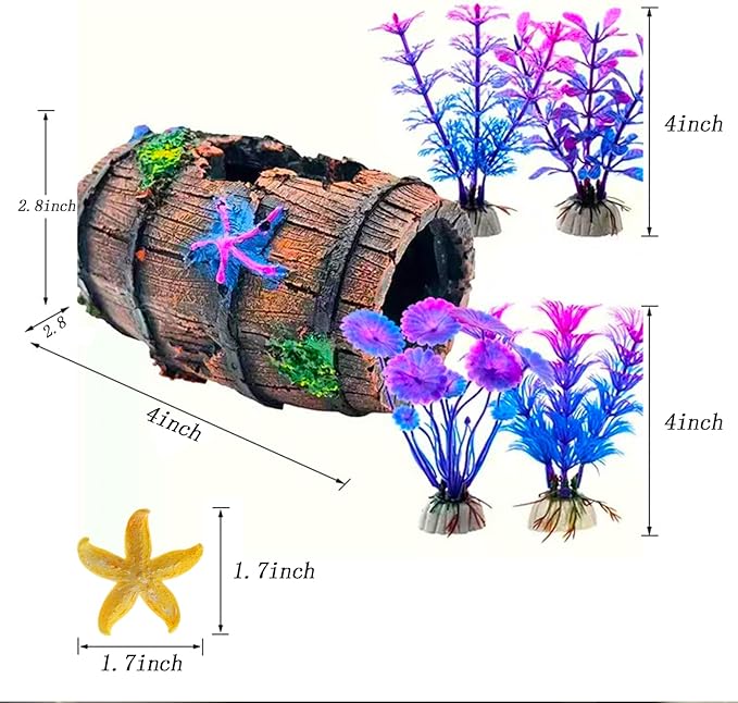 GOFYLIN Fish Tank Decoration for Aquarium Tank, Betta Fish Tank Accessories Starfish Barrel x 1pc, Aquarrium Decor Aquatic Plants x 4pcs, Aquarium Decor Starfish x 1pcs.