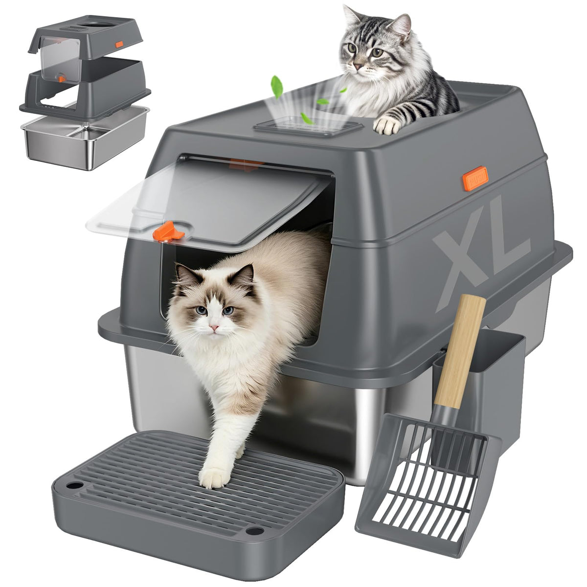 Tevila XL Enclosed Stainless Steel Litter Box with Lid, Dark Gray