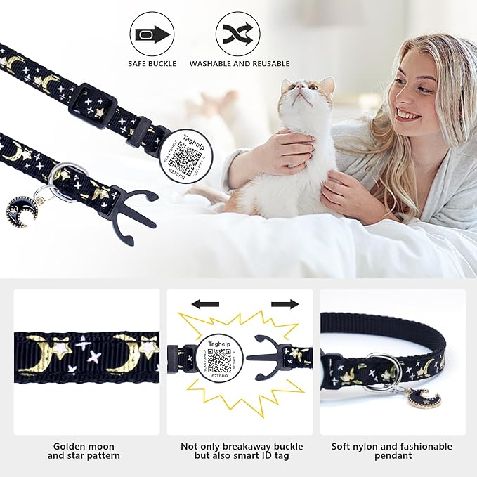 Stars and Moon AirTag Cat Collar with AirTag Holder,Air Tag Cat Collar for Apple. Solid & Safe, Pet Collar, Breakaway Cat Collar, QR Code Cat ID Tags - Pet Online Profile(Blue)