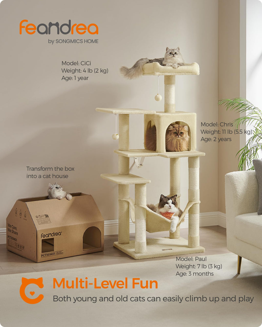 Feandrea Cat Tree, 54.2-Inch Cat Tower, Plush Multi-Level Condo with 4 Scratching Posts, 2 Perches, Hammock, Cave, Beige UPCT161M01