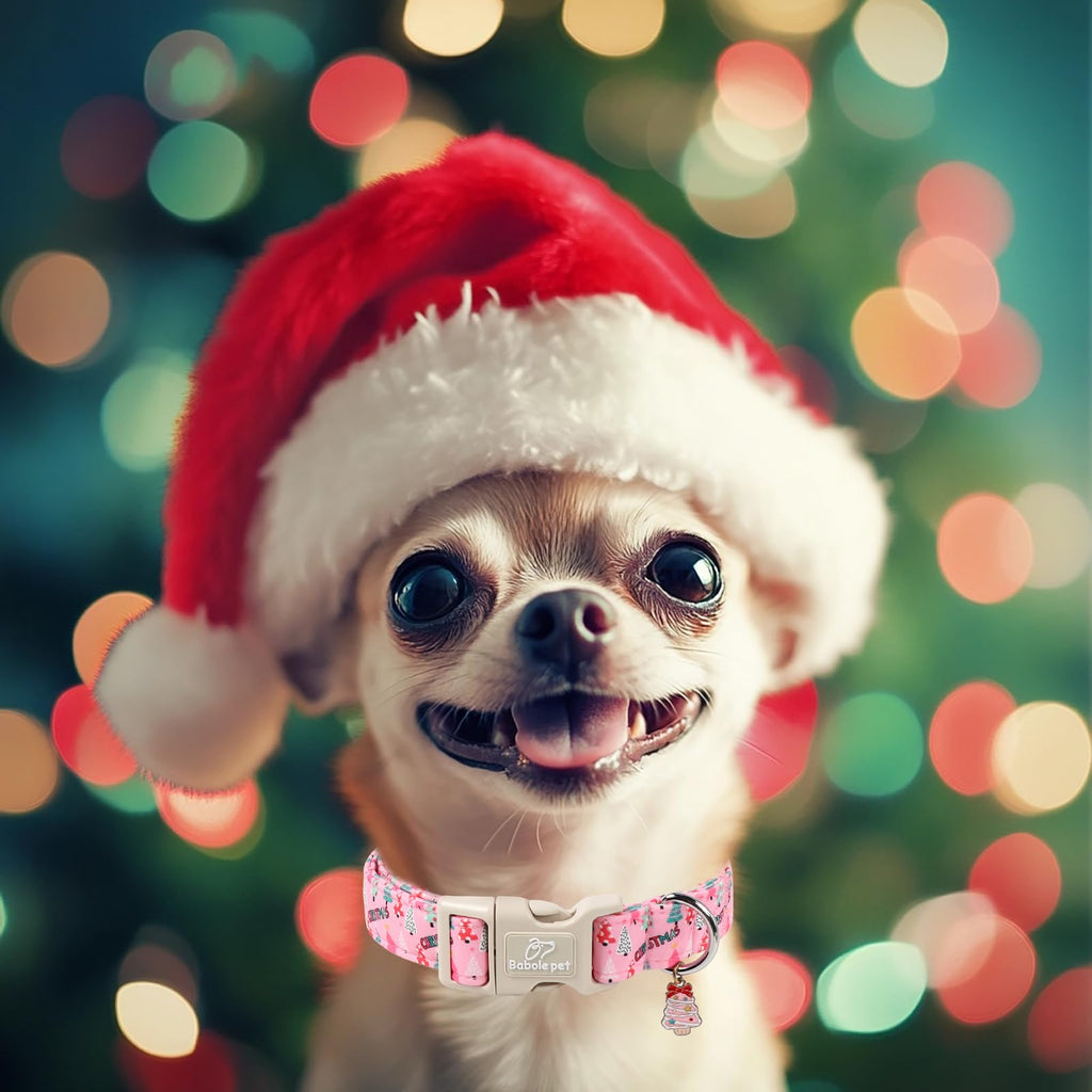 Babole Pet Christmas Dog Collar for Puppy Small Dogs - Cute Xmas Tree Print Pink Christmas Collars for Dogs, Soft Adjustable Winter Holiday Dog Collars with Quick Release Buckle XS
