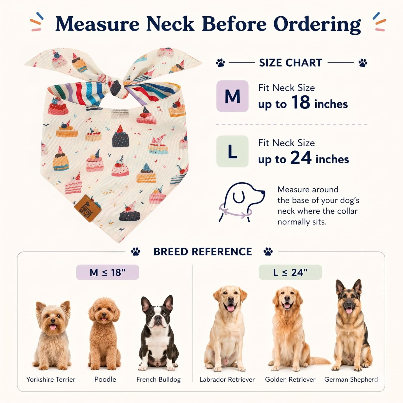 Furry Whisper Dog Birthday Bandana, Reversible Soft Breathable Adjustable Pet Scarf for Medium & Large Dogs, Party Photo Outfit for Boy or Girl, Colorful Cakes Stripes, M Fits Up to 18"