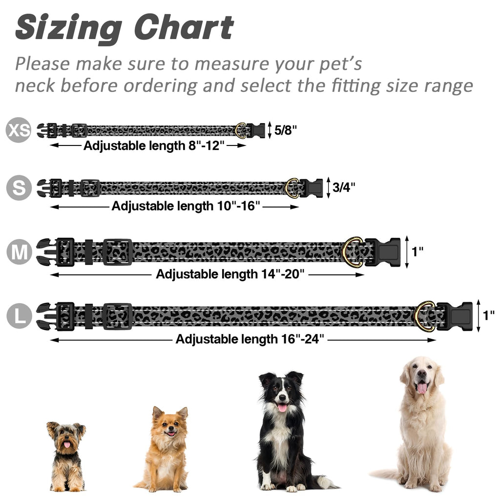 TMOODEL Reflective Dog Collar for Extra Small Dogs Cats, Cute Leopard Style Adjustable Heavy-Duty Nylon Puppy Collar for Boy and Girl Female, Soft Pet Accessories with Quick Release Buckle, Gray