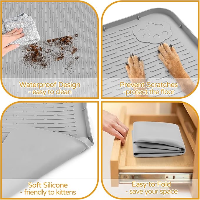 Lanstics Dog Food Mat 40" x 28" Large Silicone Mat with Raised Edge Gray