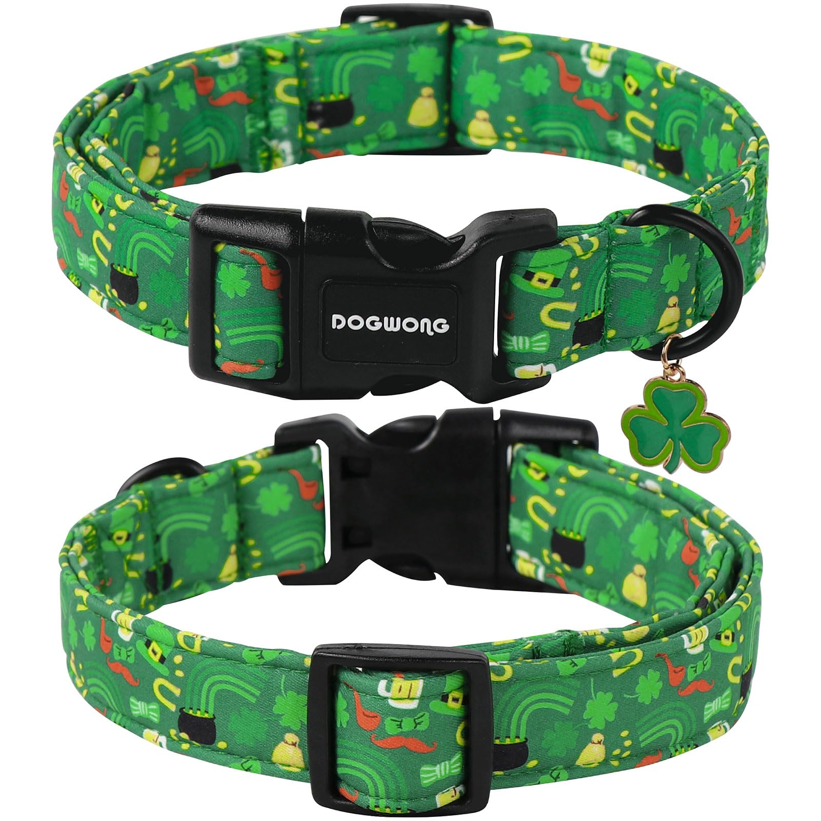 DOGWONG St Patrick's Dog Collar- Green Clovers Dog Collar, Adjustable Cotton Shamrock Pet Collar Cute Lucky Charm Puppy Collars for Small Medium Large Dogs