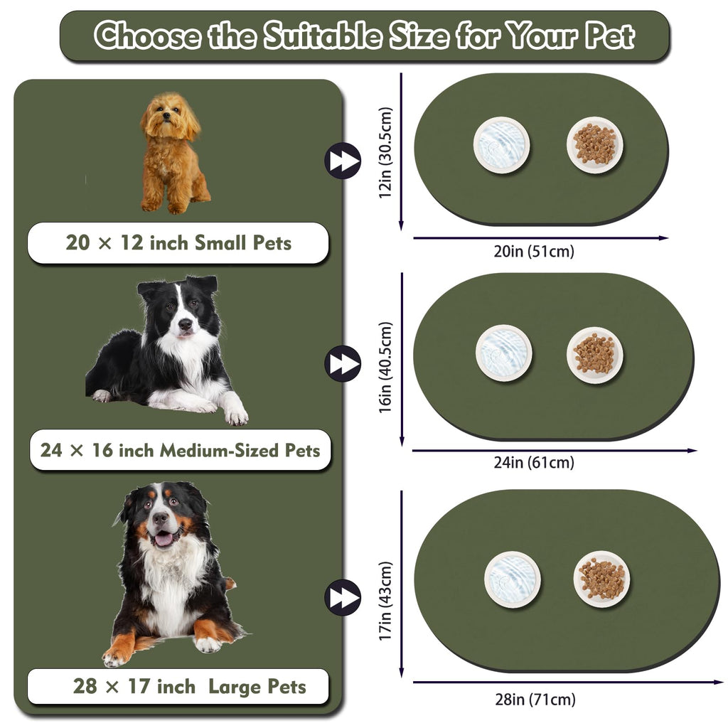 METEOROCK Pet Feeding Mat – 20''x12'' Absorbent Dog Food Mat, Pet Water Mats Protect Floor, No Stains Quick Dry Bowl Mats, Non-Slip Rubber Base Pets Placemats for Food and Water, Dark Green