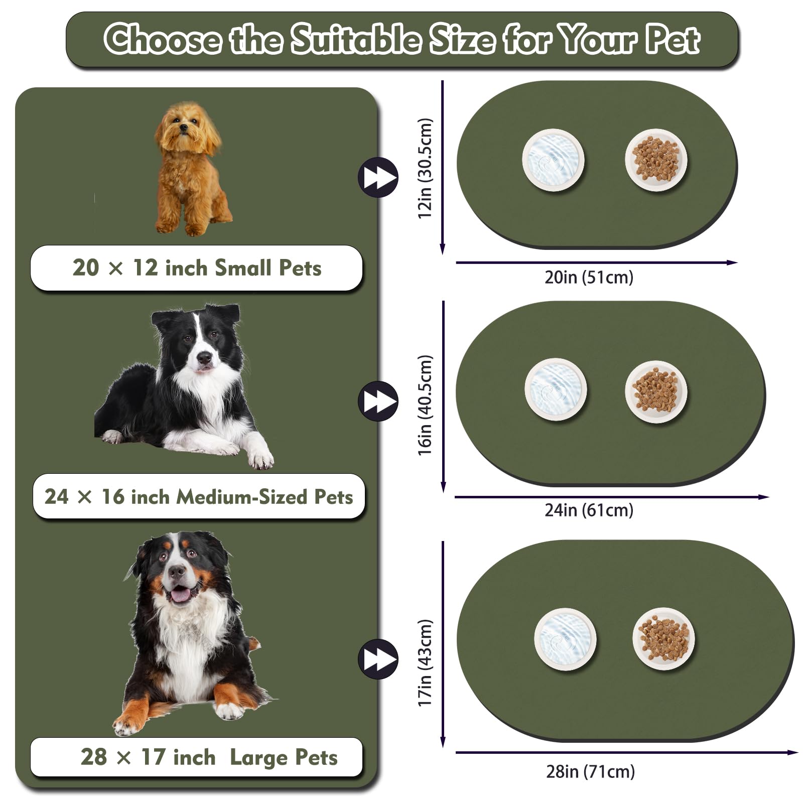 METEOROCK Pet Feeding Mat – 20''x12'' Absorbent Dog Food Mat, Pet Water Mats Protect Floor, No Stains Quick Dry Bowl Mats, Non-Slip Rubber Base Pets Placemats for Food and Water, Dark Green