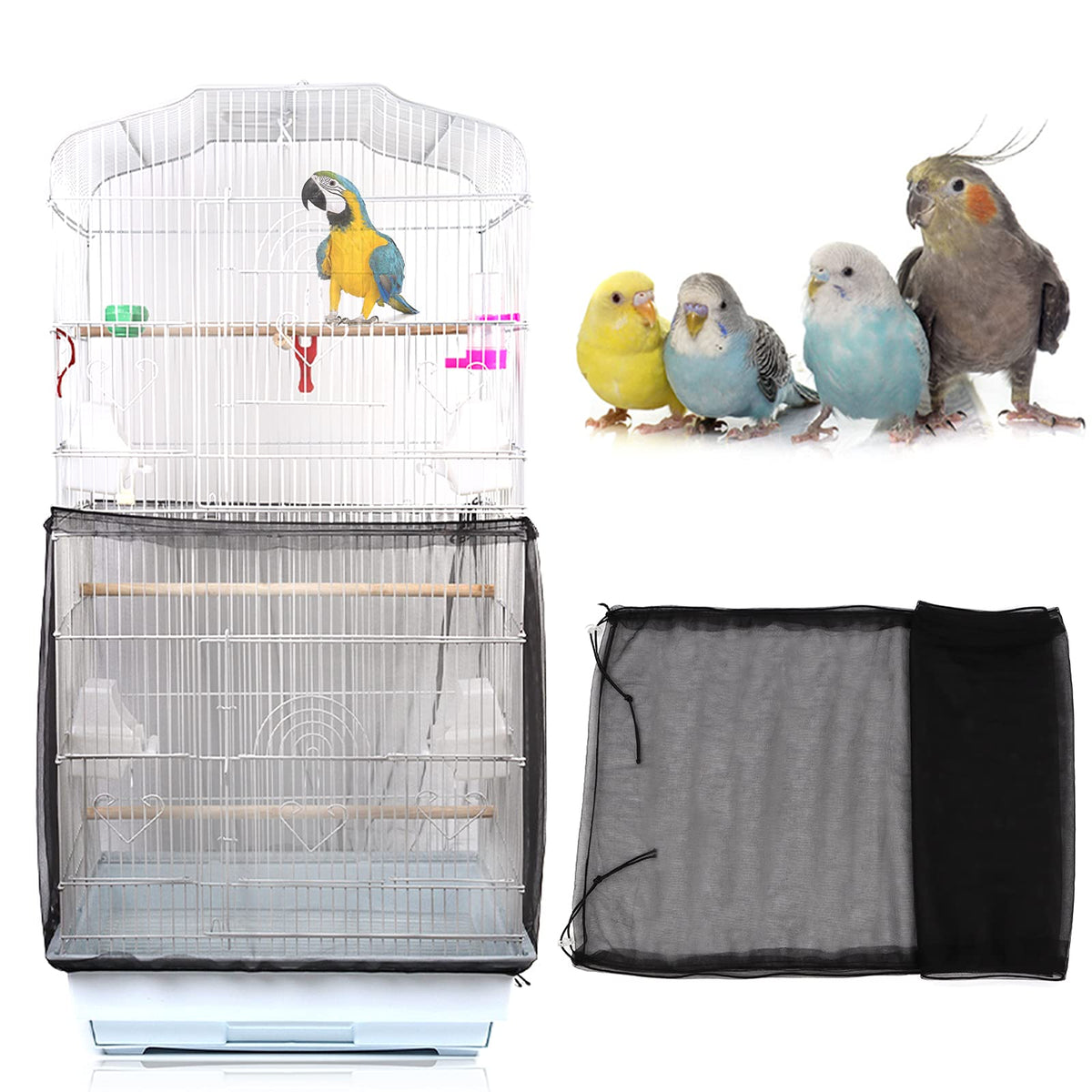 Daoeny Universal Bird Cage Cover, Adjustable Parrot Nylon Airy Soft Mesh Net, Seed Feather Catcher, Birdcage Cover Skirt Sheer Guard for Parakeet Macaw Round Square Cages (White)