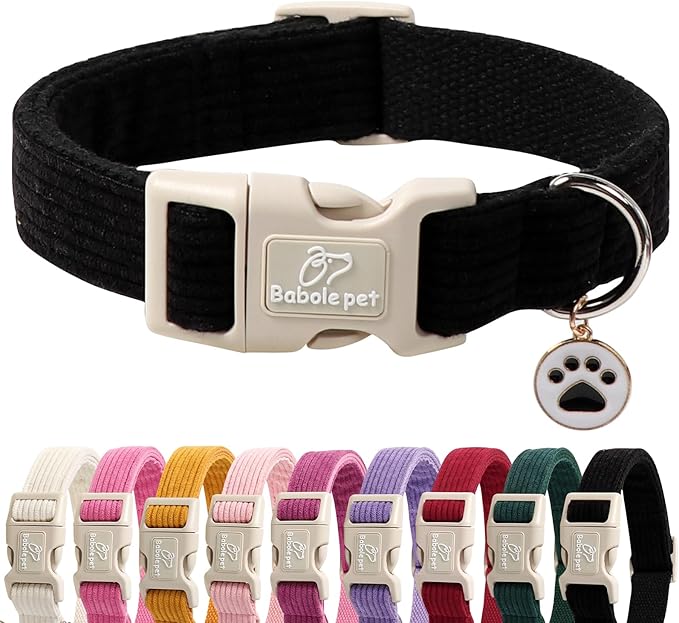 Babole Pet Cute Corduroy Dog Collar - Black Adjustable Dog Collars for Small Dogs 10-25lbs, Fade-Proof with Secure Snap & Little Charm, Christmas Birthday Gift, S