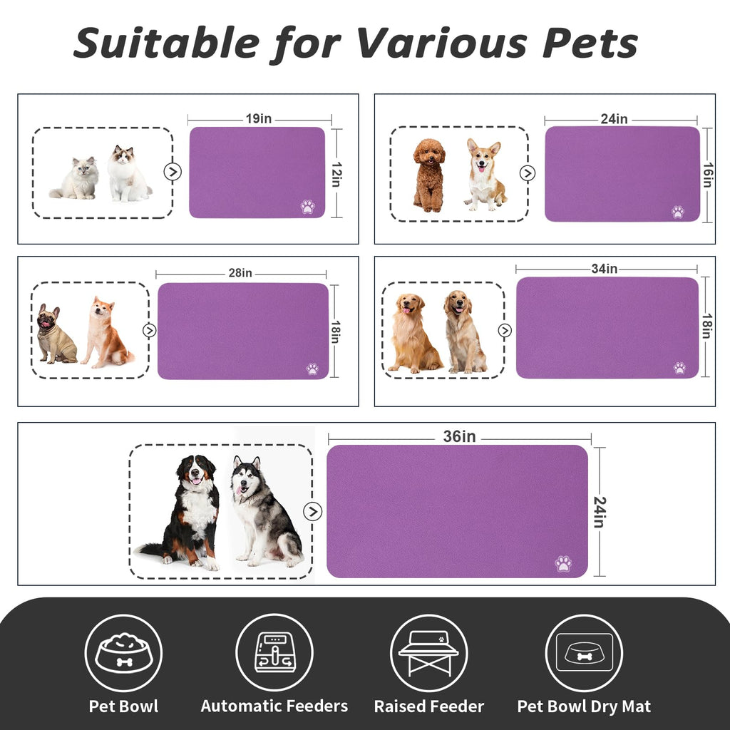 HotLive Dog Food Mat - Absorbent Cat Mat for Food and Water, No Stains Pet Feeding Bowl Mat, Easy to Clean Pet Placemats, Quick Dry Dog Water Dispenser Mat for Messy Drinkers | Paw Purple 12"x 19"