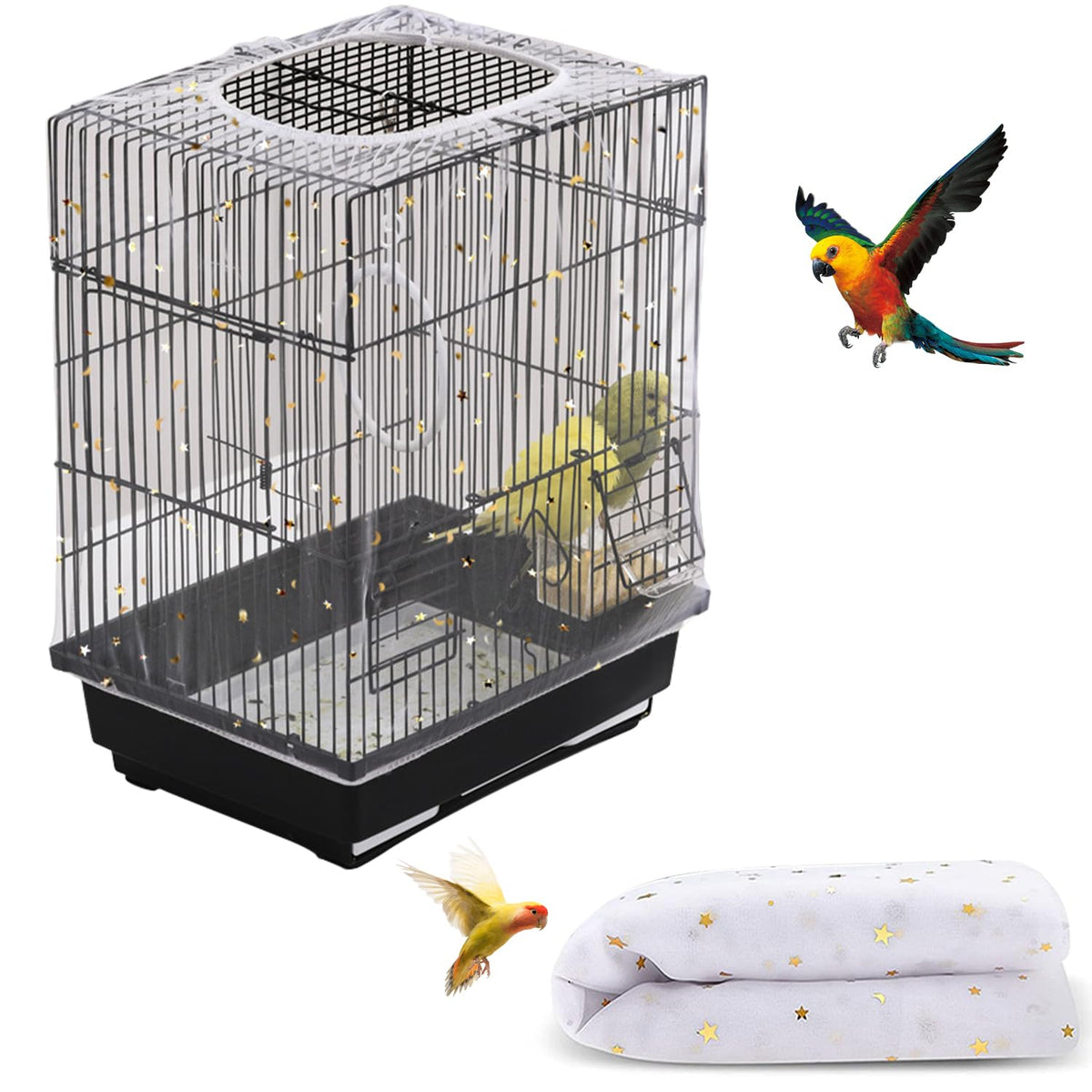 DECKALY Bird Cage Seed Catcher, Seed Catcher Guard Net Cover, Parrot Nylon Mesh Net Cover, Universal Soft Airy Cage Net Stretchy Skirt for Round Square Cages (Daisy-White, 15.7" x87")